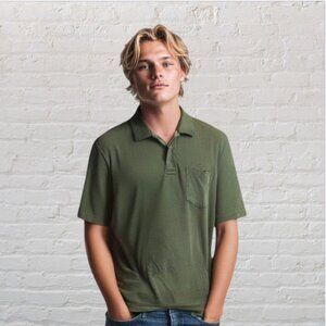 Polo Shirt, Large Man, Solid Olive Green, Breast Pocket, Button Down